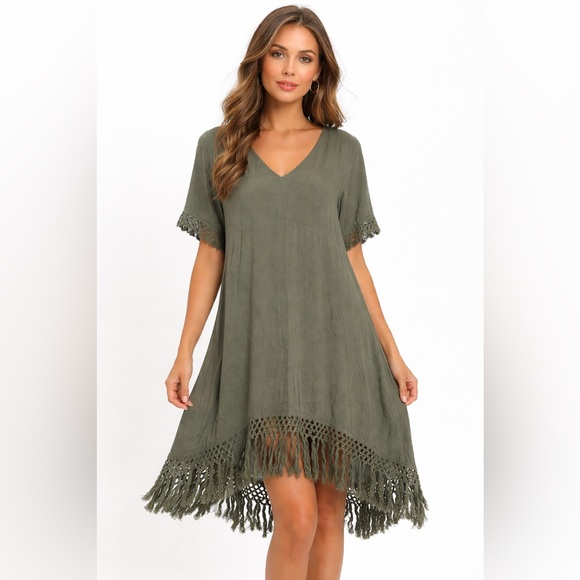 Papillion Dresses & Skirts - Papillon NWT green fringe short sleeve dress size large viscose boho
